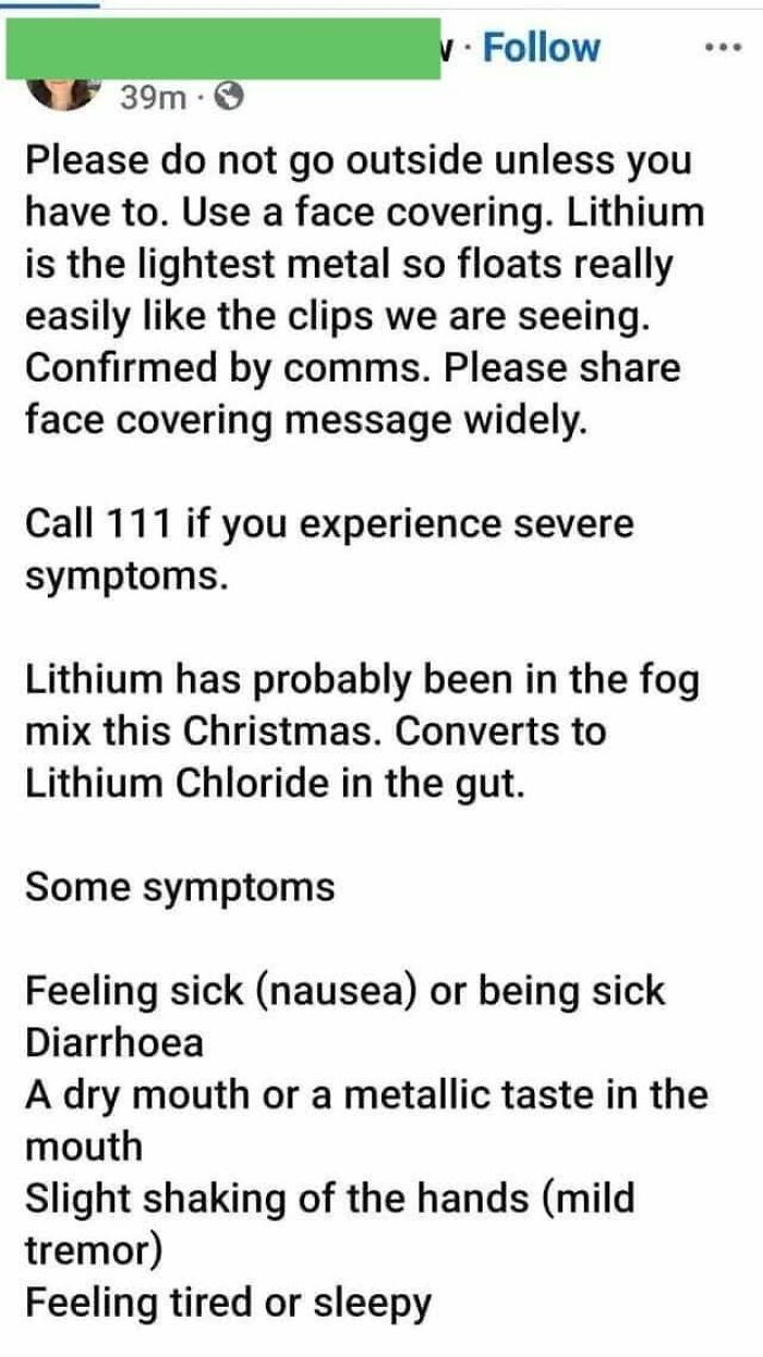 Screenshot of a social media post sharing absurd scientific takes about lithium and face covering safety during Christmas.