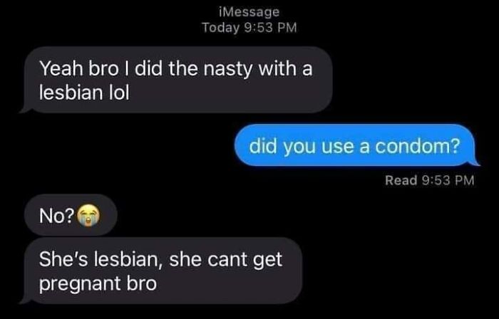 Text message conversation highlighting absurd scientific takes in modern society with a humorous misunderstanding about pregnancy risk.
