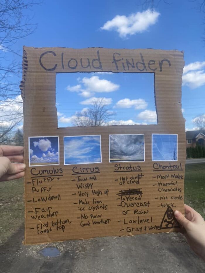 Handmade cardboard cloud finder chart showing cumulus, cirrus, stratus, and chemtrail clouds in a clear blue sky.