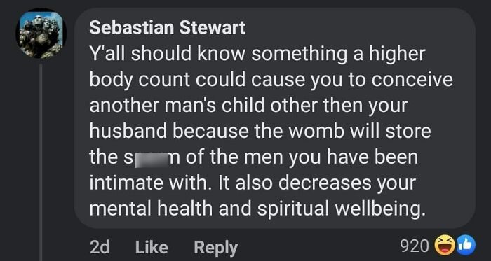 Screenshot of a social media comment with an absurd scientific claim about body count and conception affecting mental health and wellbeing.