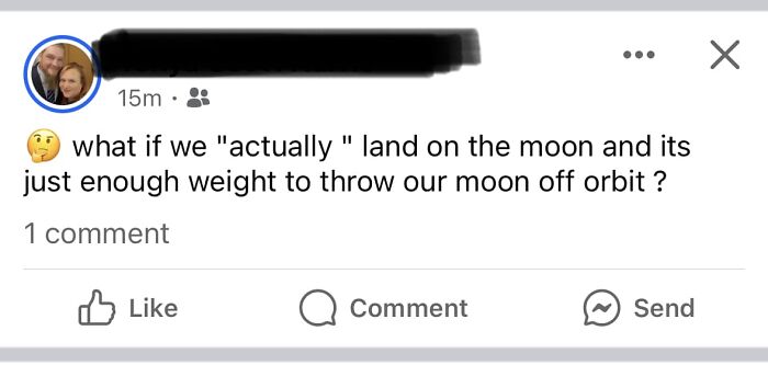 Social media post questioning lunar landing weight with absurd scientific takes reflecting modern society views.