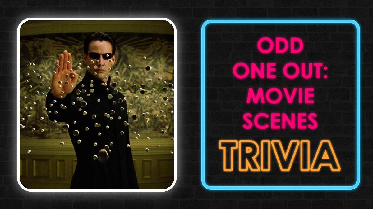 Scene from The Matrix with Neo stopping bullets, alongside neon text about odd one out movie scenes trivia quiz.