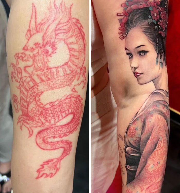 Before and after tattoo cover-up featuring a detailed geisha design replacing a faded dragon tattoo regret upgrade.