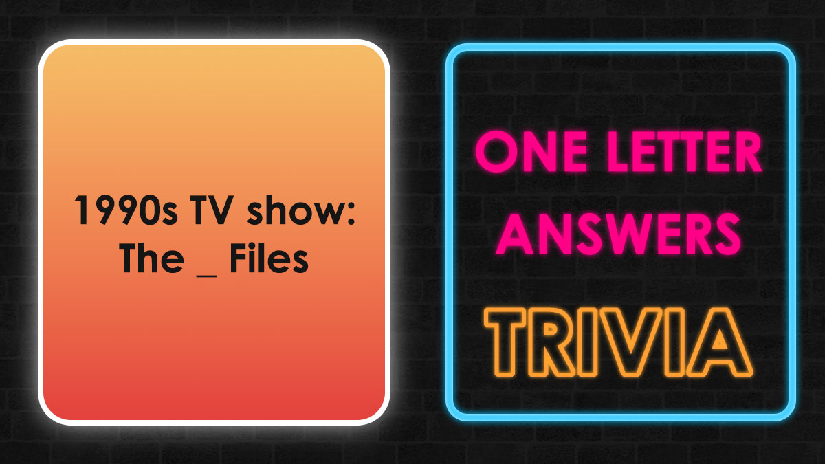 Quiz card showing a 1990s TV show question with one letter answers trivia highlighted in neon colors.