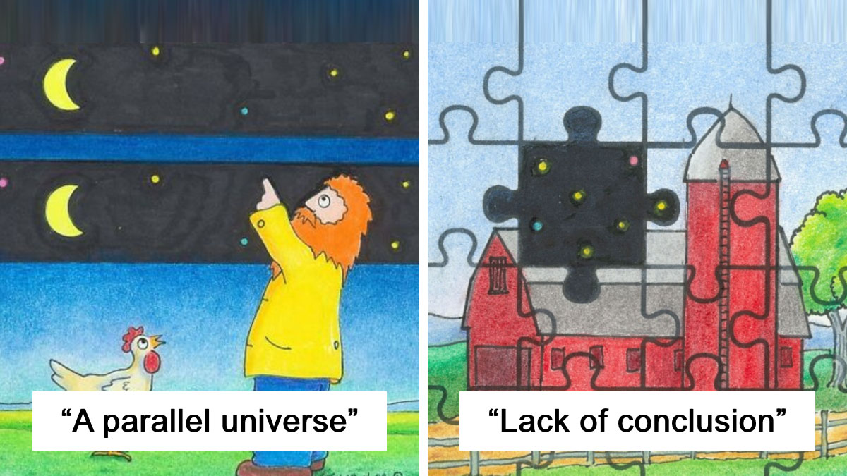 Two playful Mac Ou2019Moodus comics by Roger Straub showing a man pointing at crescent moons and a puzzle missing a night sky piece.