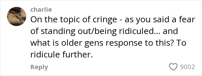 Comment by charlie about cringe and fear of standing out, discussing generational responses related to Gen Z clients' troubling behavior. Comment by charlie about cringe and fear of standing out, discussing generational responses related to Gen Z clients' troubling behavior.