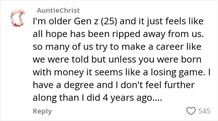 Comment from older Gen Z client expressing feelings of lost hope and career struggles, highlighting Gen Z troubling behavior. Comment from older Gen Z client expressing feelings of lost hope and career struggles, highlighting Gen Z troubling behavior.