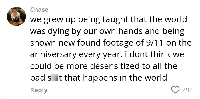 User comment on social media discussing Gen Z clients' desensitization to world events and troubling behavior. User comment on social media discussing Gen Z clients' desensitization to world events and troubling behavior.