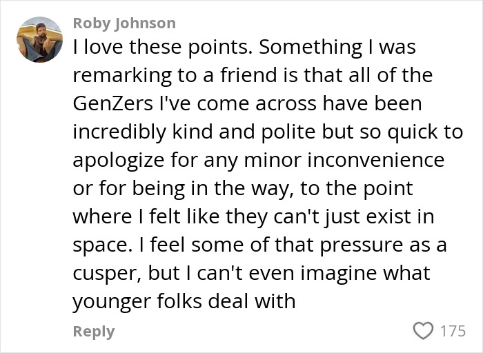 Comment by Roby Johnson discussing Gen Z clients' troubling behavior and their polite yet pressured nature. Comment by Roby Johnson discussing Gen Z clients' troubling behavior and their polite yet pressured nature.