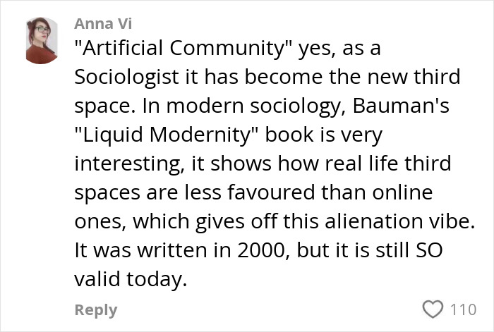 Commenter Anna Vi sharing insights on Gen Z clients' troubling behavior and sociological views on artificial community. Commenter Anna Vi sharing insights on Gen Z clients' troubling behavior and sociological views on artificial community.