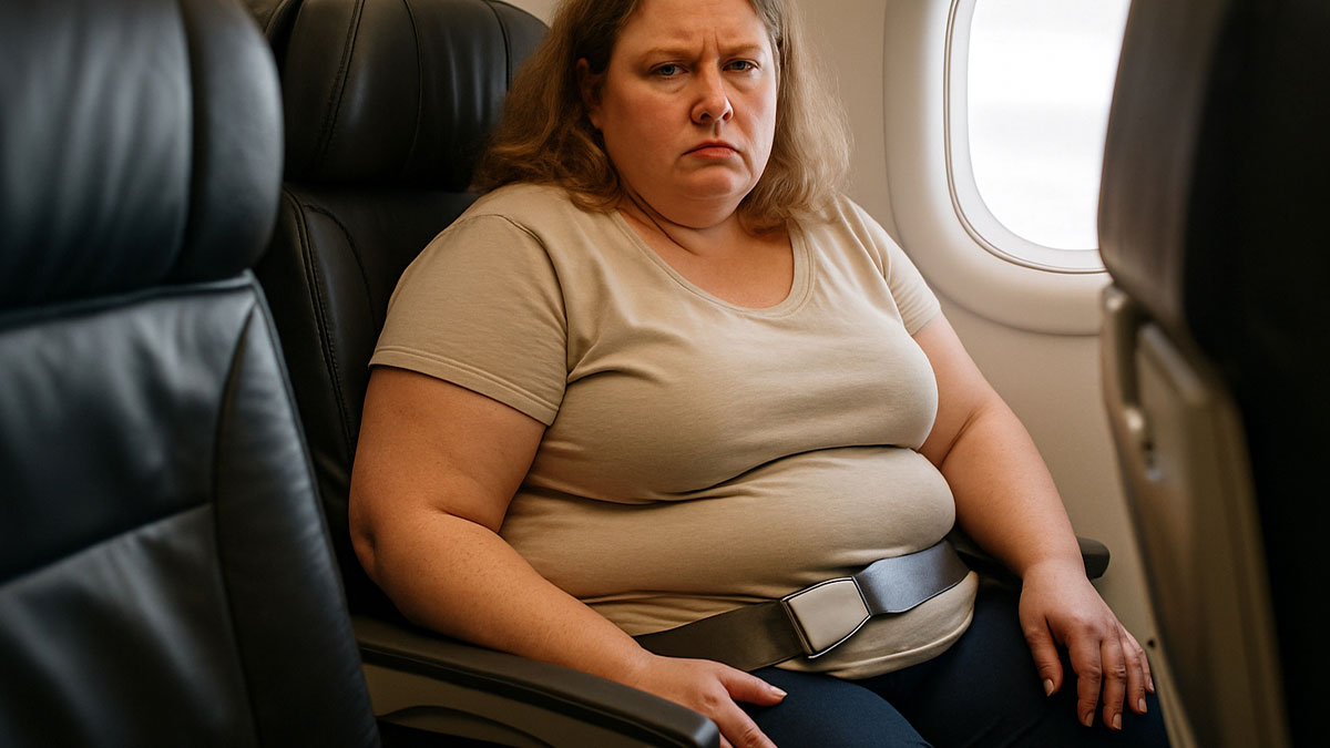 Obese woman sitting uncomfortably on flight seat with seatbelt fastened near airplane window during a flight.