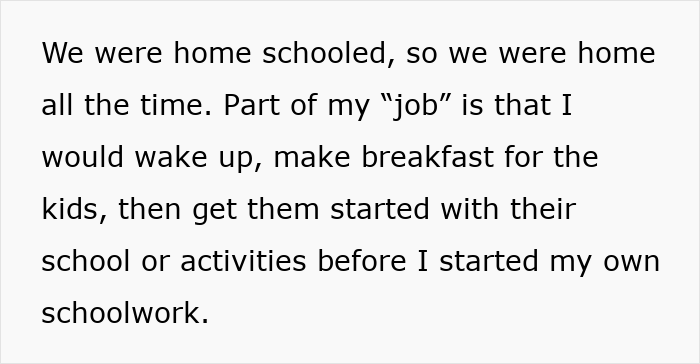 Text excerpt about a son raised by parents to care for his seven younger siblings while managing homeschooling duties.