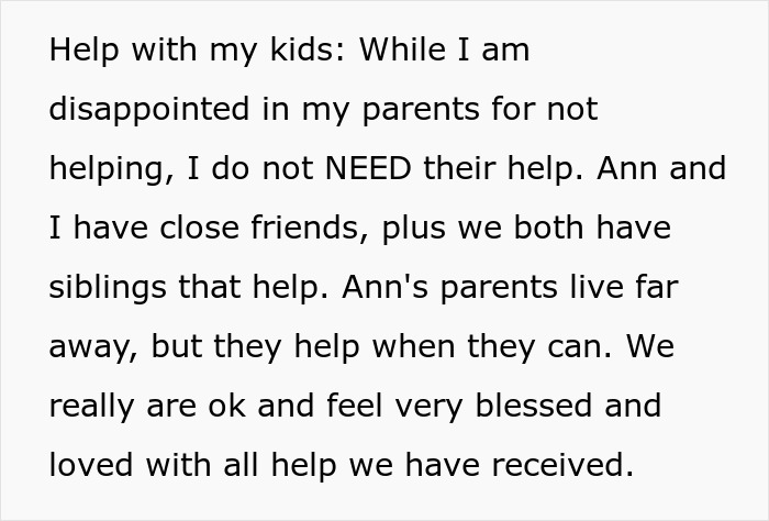 Text about disappointment in parents not helping with kids, mentioning siblings, friends, and feeling blessed with received support.