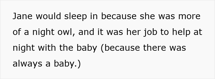 Text excerpt showing Jane's nighttime role helping with the baby in a large family with many siblings.