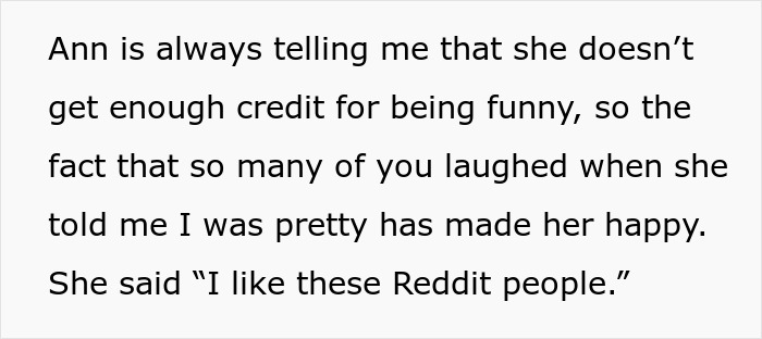Text excerpt on a white background discussing someone not getting credit for being funny and mentioning Reddit people.