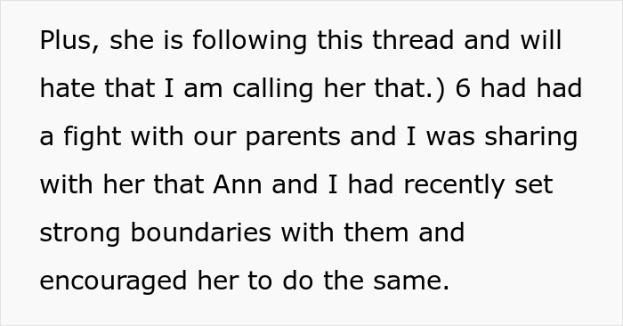 Text excerpt discussing family conflicts and setting boundaries after parents made son raise his younger siblings.