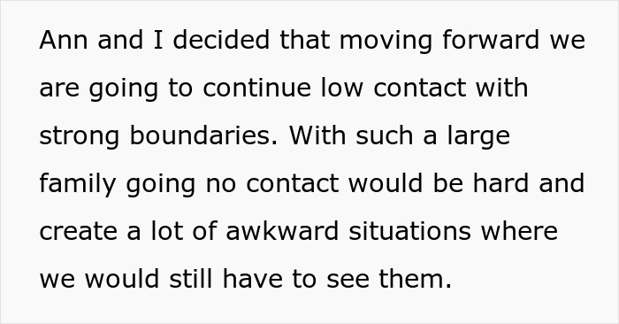 Text message about setting low contact and strong boundaries with family after raising younger siblings and facing difficulties.
