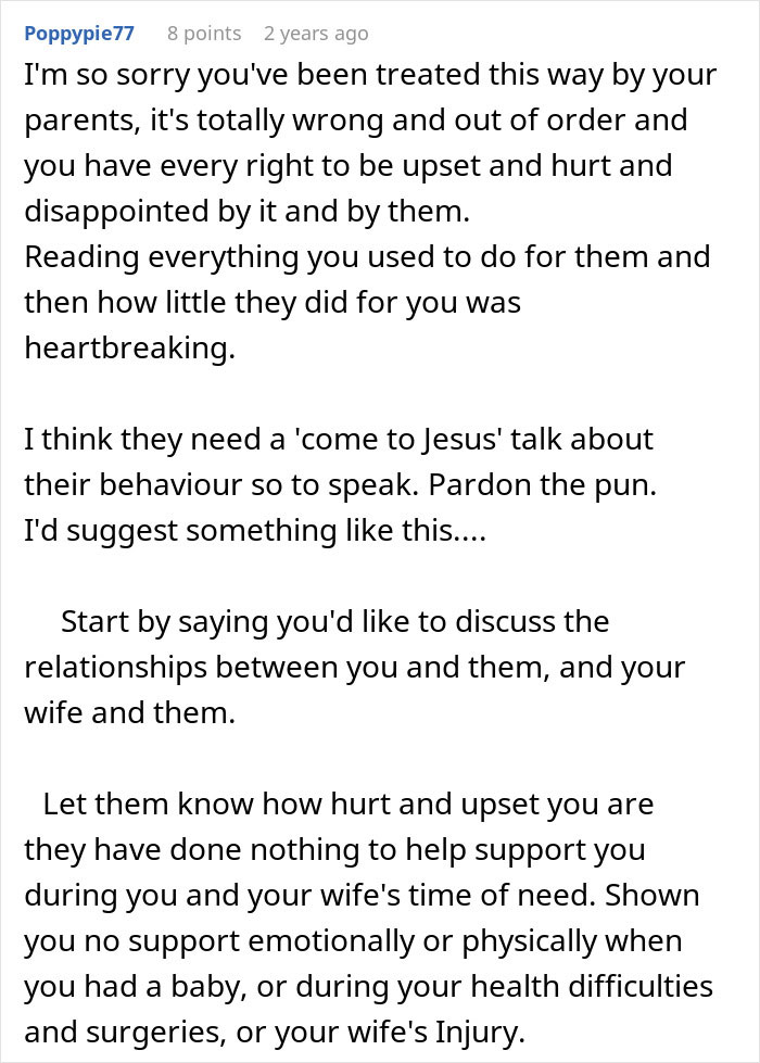 Reddit comment expressing sympathy for son made to raise seven younger siblings by parents who neglected him as an adult.