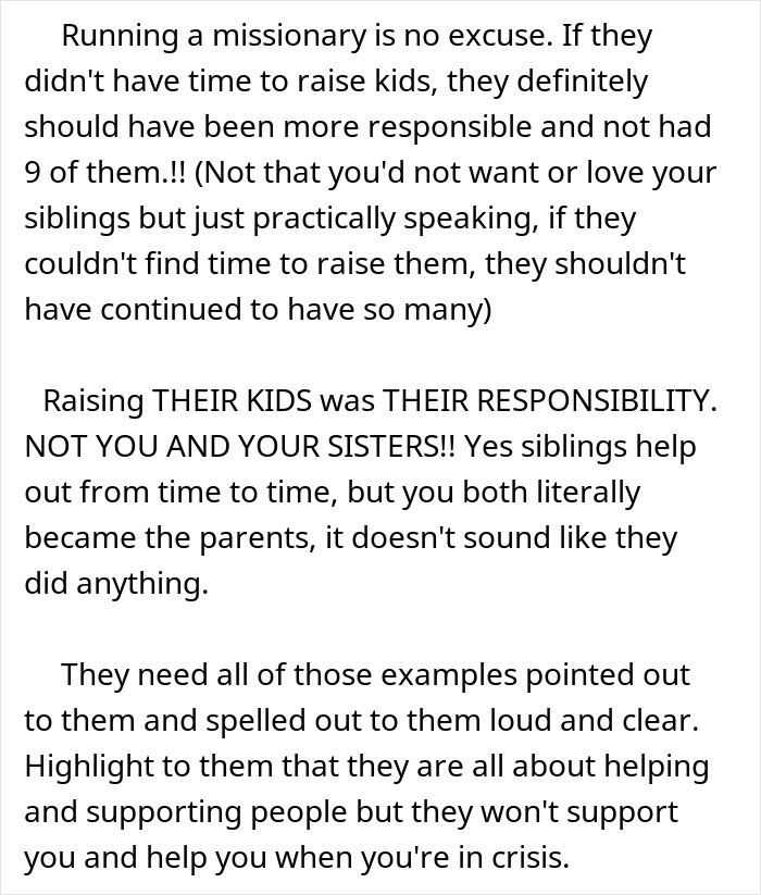 Text excerpt discussing parents making son raise younger siblings and neglecting responsibility as adults, emphasizing sibling roles.