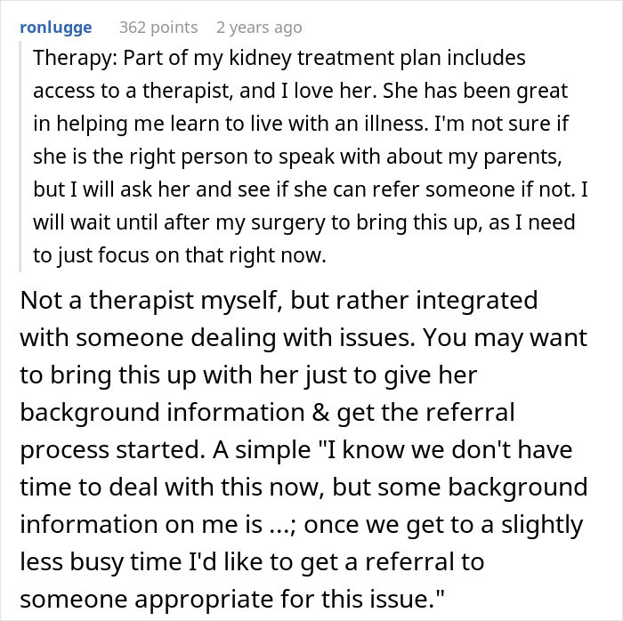 Screenshot of a Reddit comment discussing therapy and dealing with parents after raising seven younger siblings.