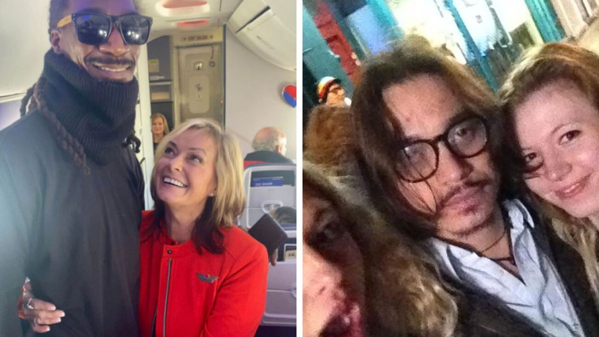 Two photos showing people posing with celebrity look-alikes, highlighting funny Johnny Derp moments shared online.