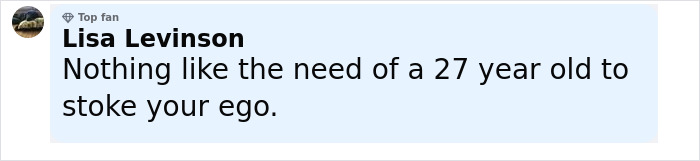 Comment from Lisa Levinson discussing a 27-year-old and ego, related to Sacha Baron Cohen and adult star news. Comment from Lisa Levinson discussing a 27-year-old and ego, related to Sacha Baron Cohen and adult star news.
