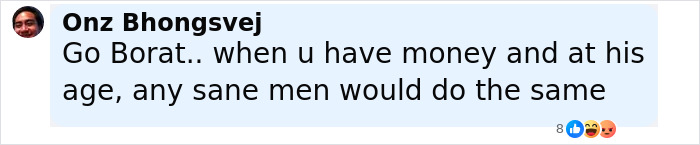 Comment by Onz Bhongsvej expressing support for Sacha Baron Cohen's lifestyle choices after divorce. Comment by Onz Bhongsvej expressing support for Sacha Baron Cohen's lifestyle choices after divorce.