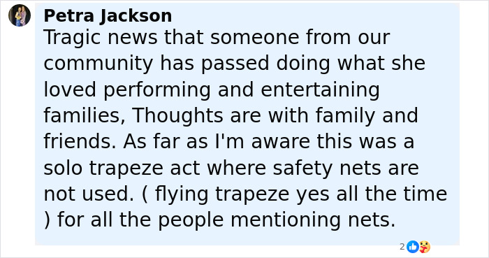 Comment from Petra Jackson about trapeze artist tragedy, mentioning solo trapeze act and lack of safety nets during circus stunt. Comment from Petra Jackson about trapeze artist tragedy, mentioning solo trapeze act and lack of safety nets during circus stunt.