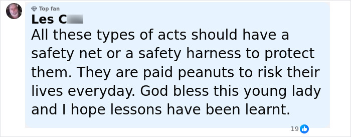 Comment on trapeze artist safety, urging use of safety nets or harnesses to protect performers during circus stunts. Comment on trapeze artist safety, urging use of safety nets or harnesses to protect performers during circus stunts.