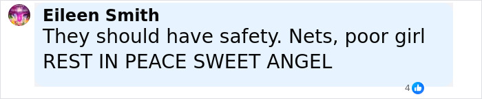 Facebook comment by Eileen Smith expressing sorrow and calling for safety nets after trapeze artist loses life during circus stunt. Facebook comment by Eileen Smith expressing sorrow and calling for safety nets after trapeze artist loses life during circus stunt.