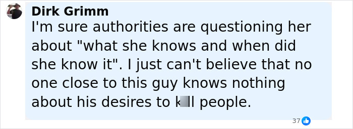 Comment by Dirk Grimm discussing authorities questioning the Minneapolis suspect's furry girlfriend and disturbing journal entries. Comment by Dirk Grimm discussing authorities questioning the Minneapolis suspect's furry girlfriend and disturbing journal entries.