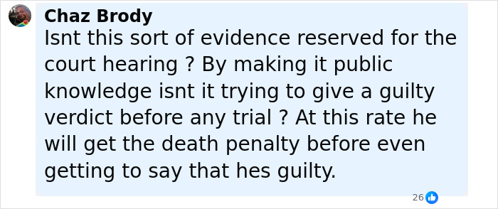 Screenshot of a social media comment questioning the evidence and trial process in the Tyler Robinson Charlie Kirk assassination case. Screenshot of a social media comment questioning the evidence and trial process in the Tyler Robinson Charlie Kirk assassination case.