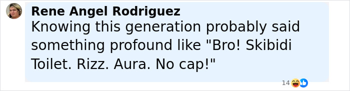 Screenshot of a social media comment discussing generational slang with phrases like Rizz and No cap. Screenshot of a social media comment discussing generational slang with phrases like Rizz and No cap.