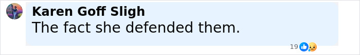 Comment by Karen Goff Sligh stating "The fact she defended them" with reaction emojis on social media post. Comment by Karen Goff Sligh stating "The fact she defended them" with reaction emojis on social media post.