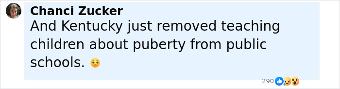 Social media post about motherhood discussing Kentucky removing puberty education from public schools with emojis reactions. Social media post about motherhood discussing Kentucky removing puberty education from public schools with emojis reactions.