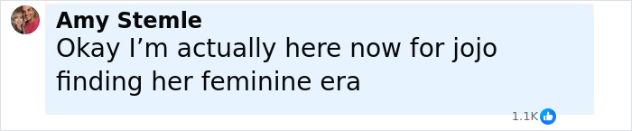 Facebook comment by Amy Stemle expressing excitement for JoJo Siwa's new feminine era. Facebook comment by Amy Stemle expressing excitement for JoJo Siwa's new feminine era.