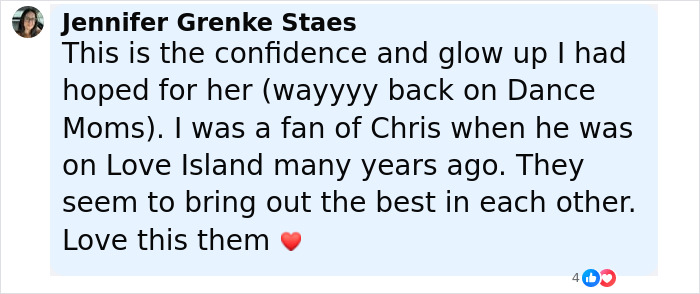 Comment by Jennifer Grenke Staes expressing admiration for JoJo Siwa's confidence and glow up since Dance Moms. Comment by Jennifer Grenke Staes expressing admiration for JoJo Siwa's confidence and glow up since Dance Moms.