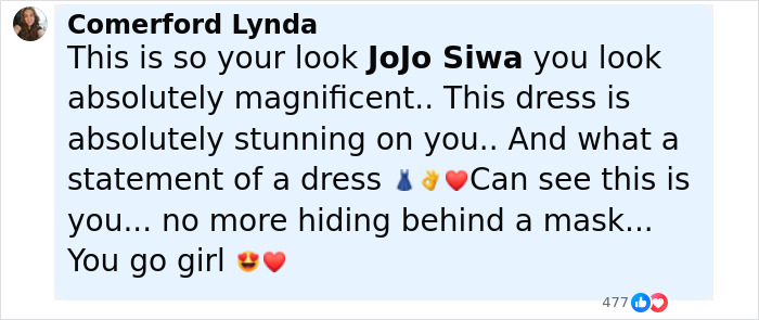 Comment praising JoJo Siwa’s gold mini dress look and expressing admiration after her marriage plans confession Comment praising JoJo Siwa’s gold mini dress look and expressing admiration after her marriage plans confession