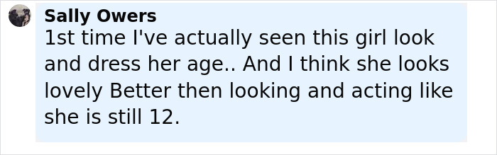 Text comment from Sally Owers complimenting a girl's mature and lovely appearance, reflecting JoJo Siwa's gold mini dress look. Text comment from Sally Owers complimenting a girl's mature and lovely appearance, reflecting JoJo Siwa's gold mini dress look.