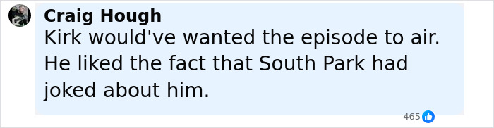 Comment from Craig Hough about South Park episode joking about Charlie Kirk, reflecting viewers' reaction to the eerie show. Comment from Craig Hough about South Park episode joking about Charlie Kirk, reflecting viewers' reaction to the eerie show.