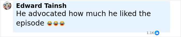 Comment stating he liked the South Park episode, accompanied by laughing emojis, related to South Park viewers enraged. Comment stating he liked the South Park episode, accompanied by laughing emojis, related to South Park viewers enraged.