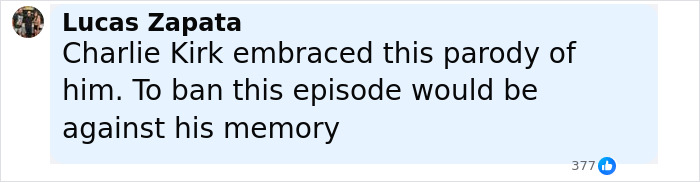 User comment about South Park viewers enraged over eerie episode about Charlie Kirk, expressing defense of the parody shown. User comment about South Park viewers enraged over eerie episode about Charlie Kirk, expressing defense of the parody shown.