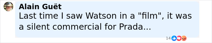Comment from Alain Guët referencing Emma Watson and a silent Prada commercial in a social media post about J.K. Rowling. Comment from Alain Guët referencing Emma Watson and a silent Prada commercial in a social media post about J.K. Rowling.