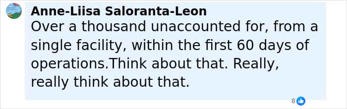 Comment by Anne-Liisa Saloranta-Leon discussing over a thousand unaccounted detainees linked to ICE records issues. Comment by Anne-Liisa Saloranta-Leon discussing over a thousand unaccounted detainees linked to ICE records issues.