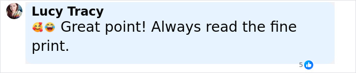 Comment by Lucy Tracy on social media, emphasizing the importance of reading the fine print carefully. Comment by Lucy Tracy on social media, emphasizing the importance of reading the fine print carefully.