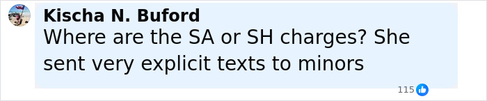 Comment by Kischa N. Buford questioning SA or SH charges related to a mom sending lewd texts to minors. Comment by Kischa N. Buford questioning SA or SH charges related to a mom sending lewd texts to minors.