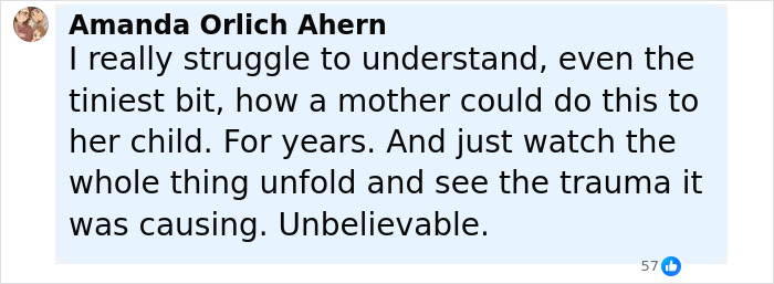 Comment by Amanda Orlich Ahern expressing disbelief over a mother sending lewd texts to her daughter for years. Comment by Amanda Orlich Ahern expressing disbelief over a mother sending lewd texts to her daughter for years.