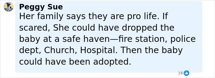 Comment discussing pro life views and suggesting safe haven options after newborn found stuffed in closet incident. Comment discussing pro life views and suggesting safe haven options after newborn found stuffed in closet incident.