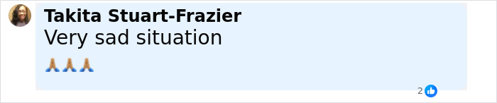 Takita Stuart-Frazier expressing sadness with prayer hand emojis in a social media comment about a tragic incident. Takita Stuart-Frazier expressing sadness with prayer hand emojis in a social media comment about a tragic incident.