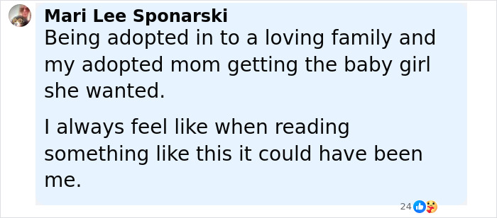 Comment expressing feelings about adoption and relating to a story of a newborn found stuffed in closet. Comment expressing feelings about adoption and relating to a story of a newborn found stuffed in closet.